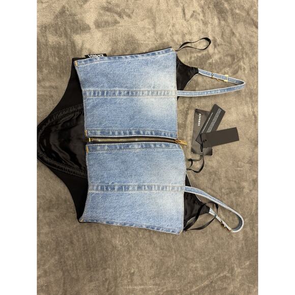 Versace Cropped Denim Jersey Bustier Top Blue Black IT 40 US 4 NWT $1275 - Picture 6 of 16